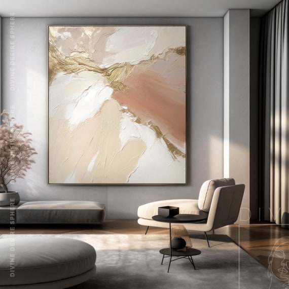 Extra Large Beige Abstract Canvas Art, Original 3D Texture Earth Tone Painting, Neutral Beige And Gold Leaf Wall Art For Living Room