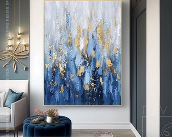 Large Tall Vertical Strokes Wall Art Gold Blue Silver, Original Modern Silver Painting On Canvas, Simple Golden Leaf Wall Decoration