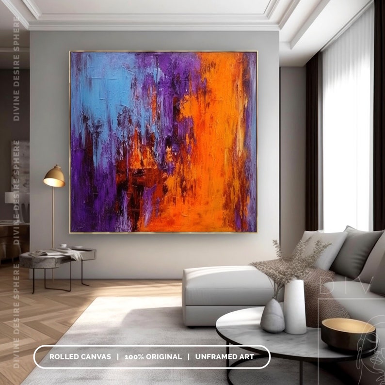 Hand-Painted Orange & Purple Wall Art, Modern Art With Blue Pink, Modern Bold Palette Knife Texture On Canvas, Large Wall Art Decor For Room imagen 10