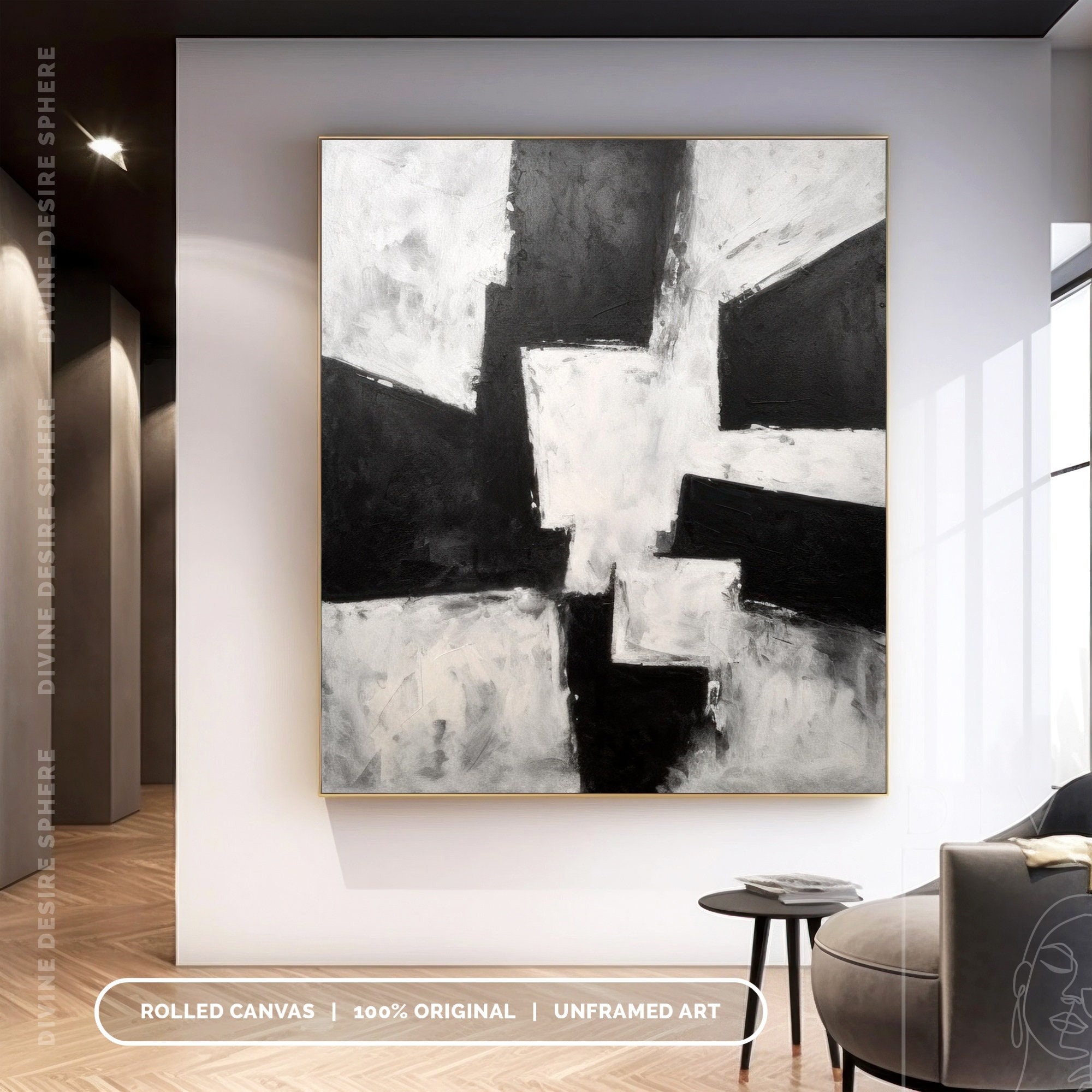 Hand-painted Black & White Canvas Art, Original Handmade