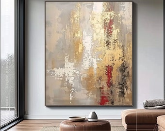 Elegance Beige & Gold Abstract Painting On Canvas, Oversized Neutral Beige Wall Decor Gift, Minimal Gold Wall Art, Spiritual Room Artwork