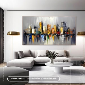 Decoración de pared original de paisaje urbano de Nueva York, paisaje urbano gris con textura 3D, arte urbano moderno hecho a mano para dormitorio y sala de estar, arte del horizonte de la ciudad imagen 4