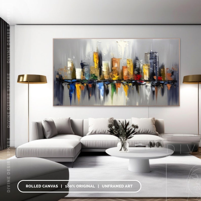 Decoración de pared original de paisaje urbano de Nueva York, paisaje urbano gris con textura 3D, arte urbano moderno hecho a mano para dormitorio y sala de estar, arte del horizonte de la ciudad imagen 4