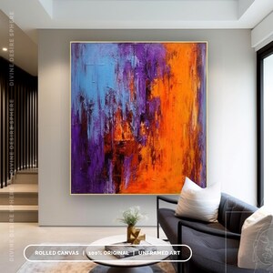 Hand-Painted Orange & Purple Wall Art, Modern Art With Blue Pink, Modern Bold Palette Knife Texture On Canvas, Large Wall Art Decor For Room imagen 9