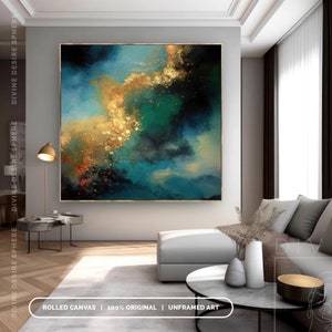 Extra Large Gold & Blue Abstract Canvas Art, Gold Leaf Wall Art With Touch Of Blue, Blue Painting For Wall Hanging, Modern Living Room Art image 9