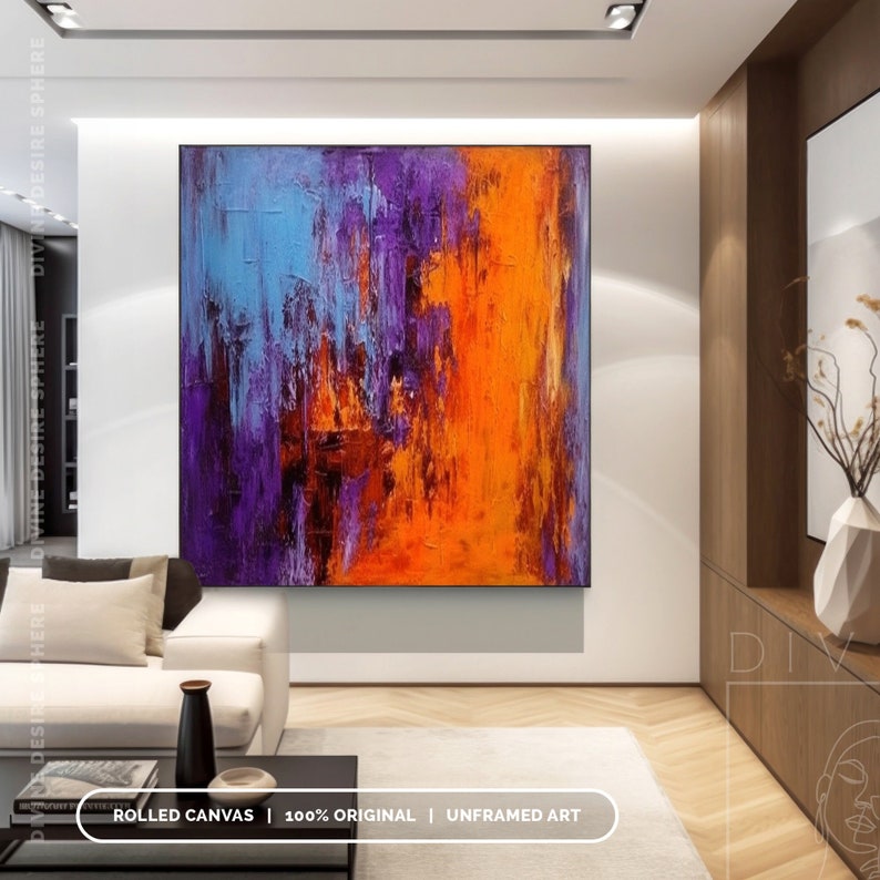 Hand-Painted Orange & Purple Wall Art, Modern Art With Blue Pink, Modern Bold Palette Knife Texture On Canvas, Large Wall Art Decor For Room imagen 3