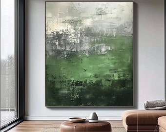 Peinture abstraite minimaliste de texture verte lourde pour la chambre à coucher, art mural moderne de toile verte et grise, grande peinture vert foncé esthétique