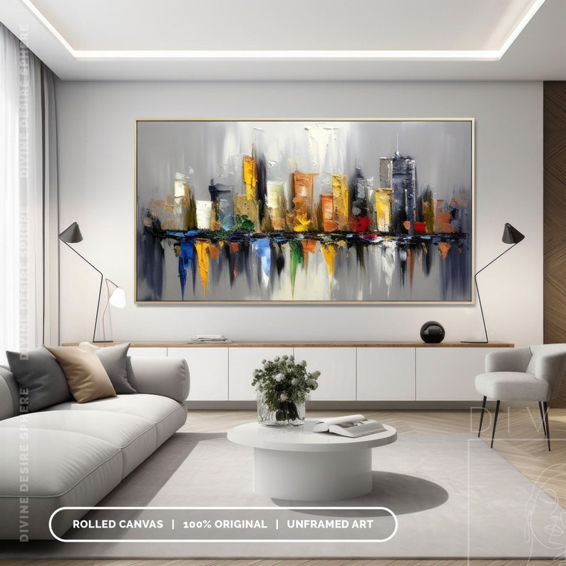 Decoración de pared original de paisaje urbano de Nueva York, paisaje urbano gris con textura 3D, arte urbano moderno hecho a mano para dormitorio y sala de estar, arte del horizonte de la ciudad imagen 5