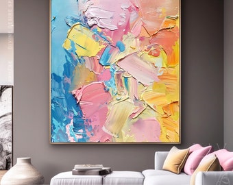 Pastel Palette Knife Tones On Canvas, Oversized Mixed Colorful Oil Painting On Canvas, Large Brushstrokes Pink Decoration, 3D Custom Gift