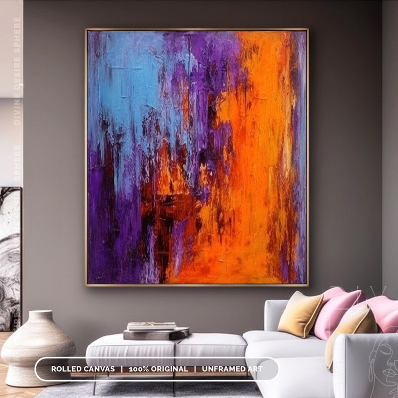 Vibrant abstract composition with bold orange and purple tones blending dynamically, creating a rich and energetic contemporary artwork.