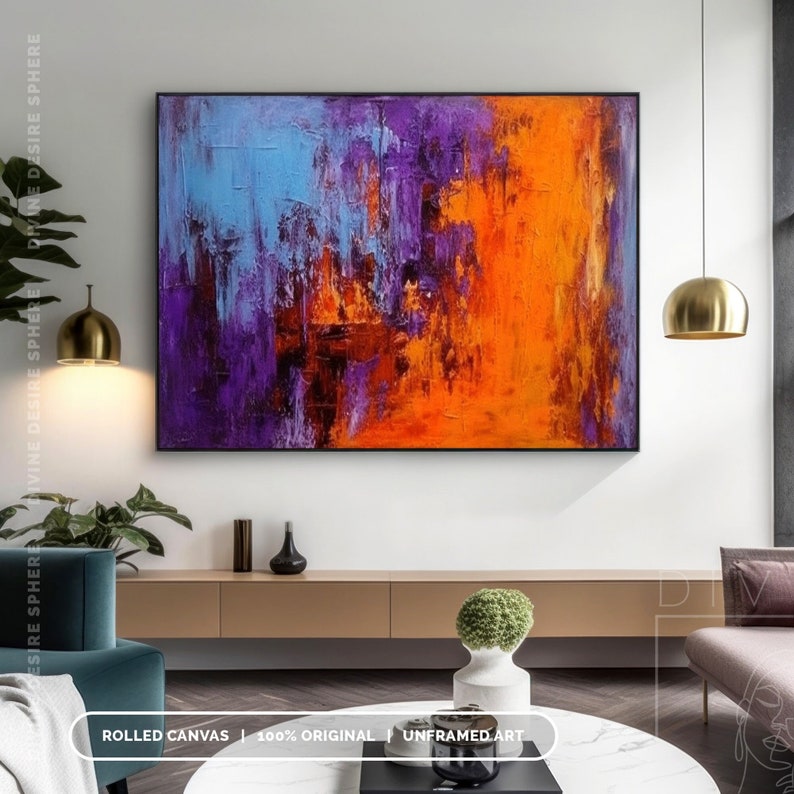 Hand-Painted Orange & Purple Wall Art, Modern Art With Blue Pink, Modern Bold Palette Knife Texture On Canvas, Large Wall Art Decor For Room imagen 8