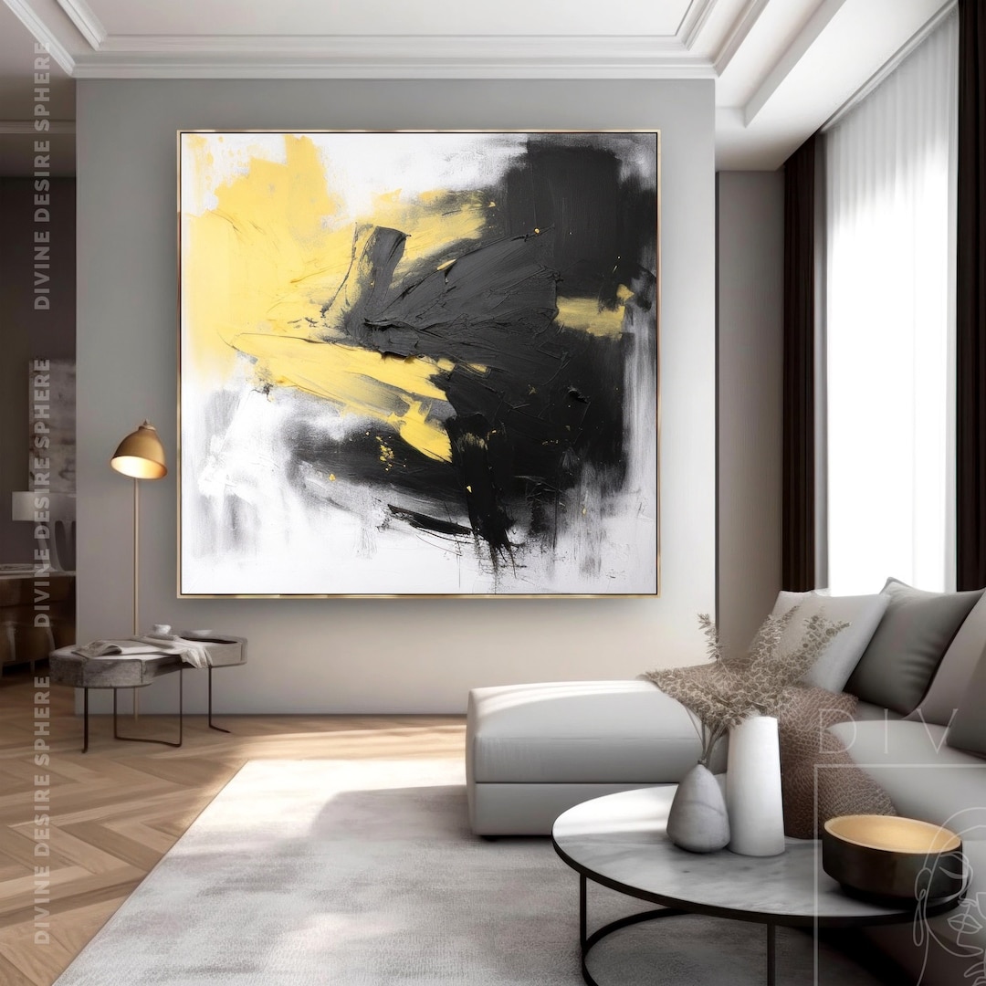 Extra Large Hand Painted Abstract Art Black Yellow White, Black Oil