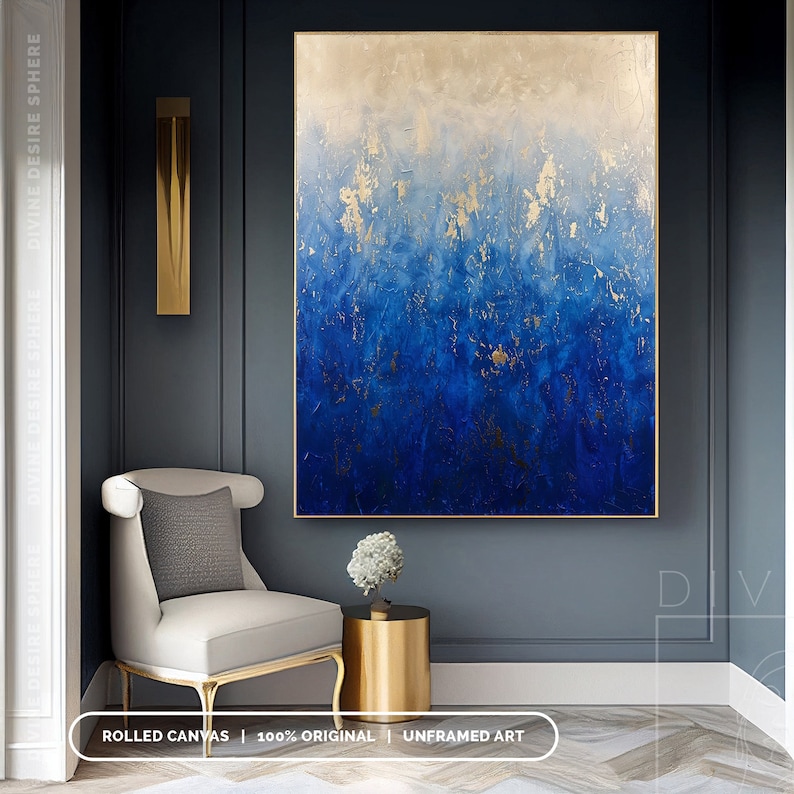 a large blue and gold painting in a living room