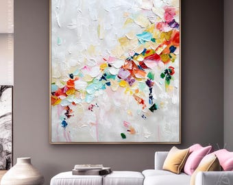 Arte mural abstracto original de gran tamaño y colorido, pintura moderna hecha a mano con patrones multicolores, arte con textura pesada de impasto, rosa, amarillo y blanco.