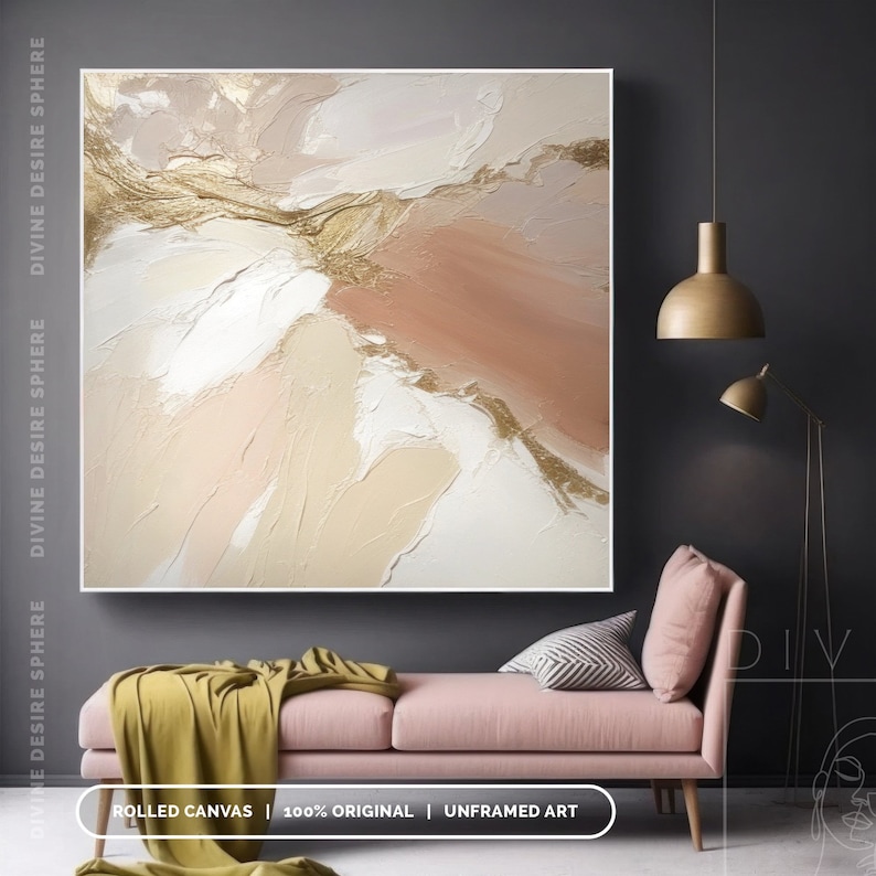 Extra Large Beige Abstract Canvas Art, Original 3D Texture Earth Tone Painting, Neutral Beige And Gold Leaf Wall Art For Living Room image 9