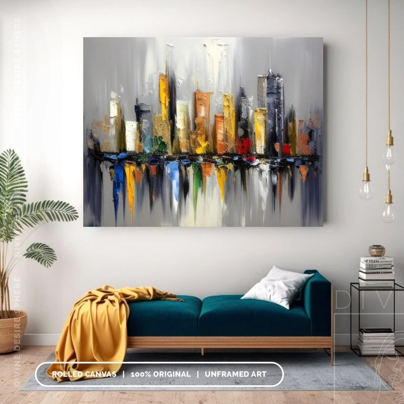 Decoración de pared original de paisaje urbano de Nueva York, paisaje urbano gris con textura 3D, arte urbano moderno hecho a mano para dormitorio y sala de estar, arte del horizonte de la ciudad imagen 2