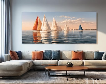 Golden Sailboats Painting on Canvas, Nautical Blue Ocean Seascape Wall Decor, Hand Painted Coastal Art, Large Horizontal Statement