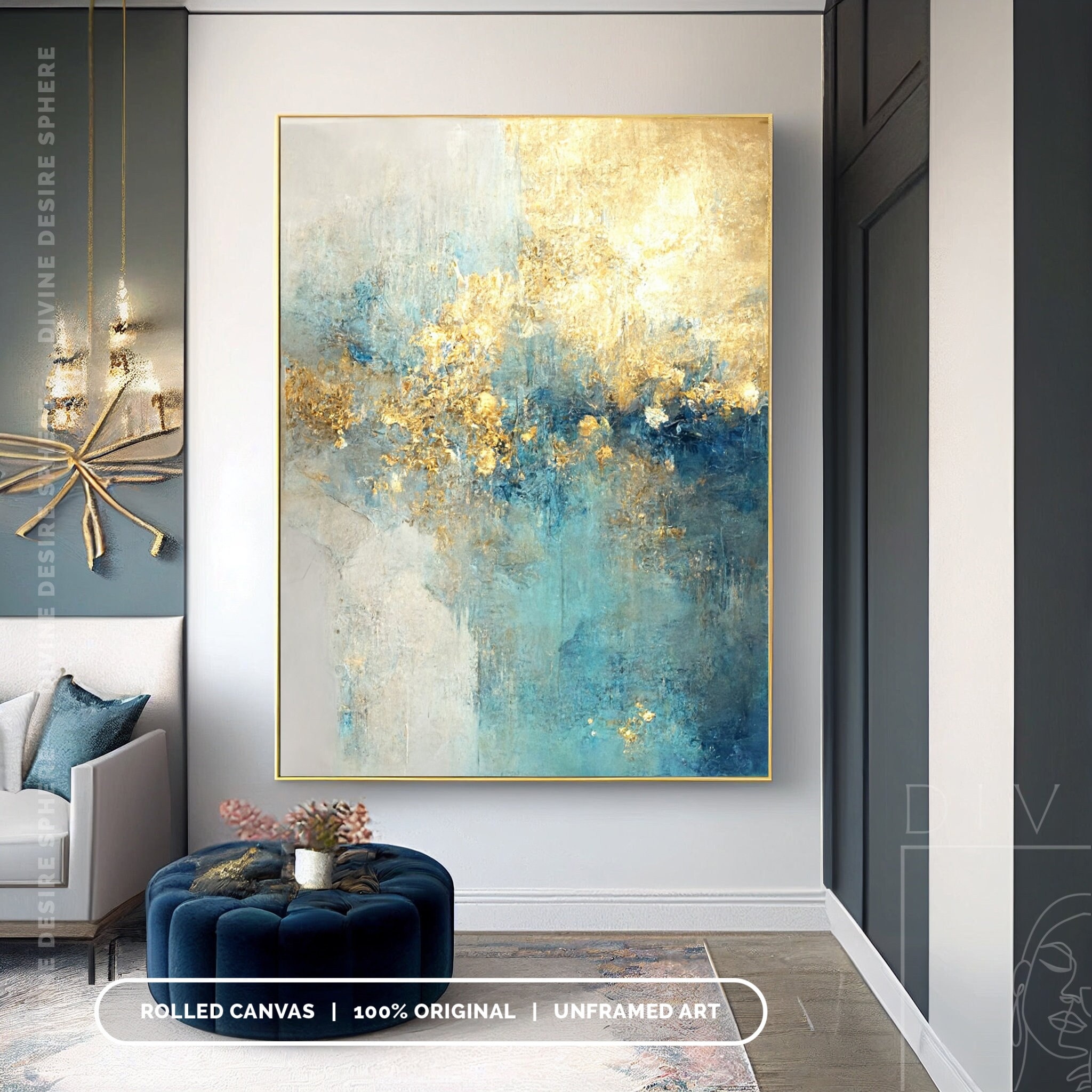 Large Modern Blue and Gold Abstract Wall Art, Gold and Blue Oil ...