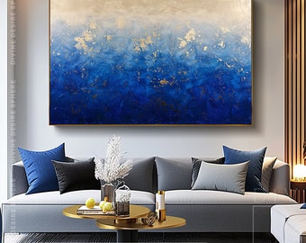 Arte da parete astratta lunga orizzontale blu e oro, regalo moderno dipinto a mano in bronzo dorato, decorazione da parete di tendenza creativa, arte della stanza in oro blu