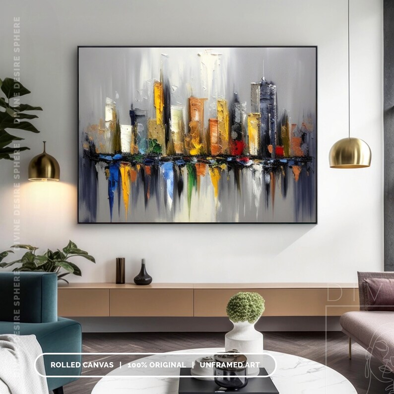 Decoración de pared original de paisaje urbano de Nueva York, paisaje urbano gris con textura 3D, arte urbano moderno hecho a mano para dormitorio y sala de estar, arte del horizonte de la ciudad imagen 8