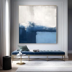 Arte abstracto minimalista en azul claro sobre lienzo, pintura moderna contemporánea en azul y gris, decoración de pared original hecha a mano en blanco, gris y azul