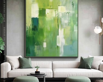 Pittura astratta verde e bianca ispirata alla natura, decorazione murale unica con paesaggio verde, grande arte scandinava, arte murale personalizzata