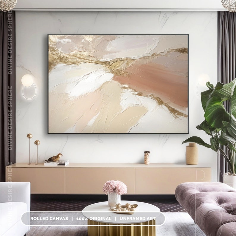 Extra Large Beige Abstract Canvas Art, Original 3D Texture Earth Tone Painting, Neutral Beige And Gold Leaf Wall Art For Living Room image 5