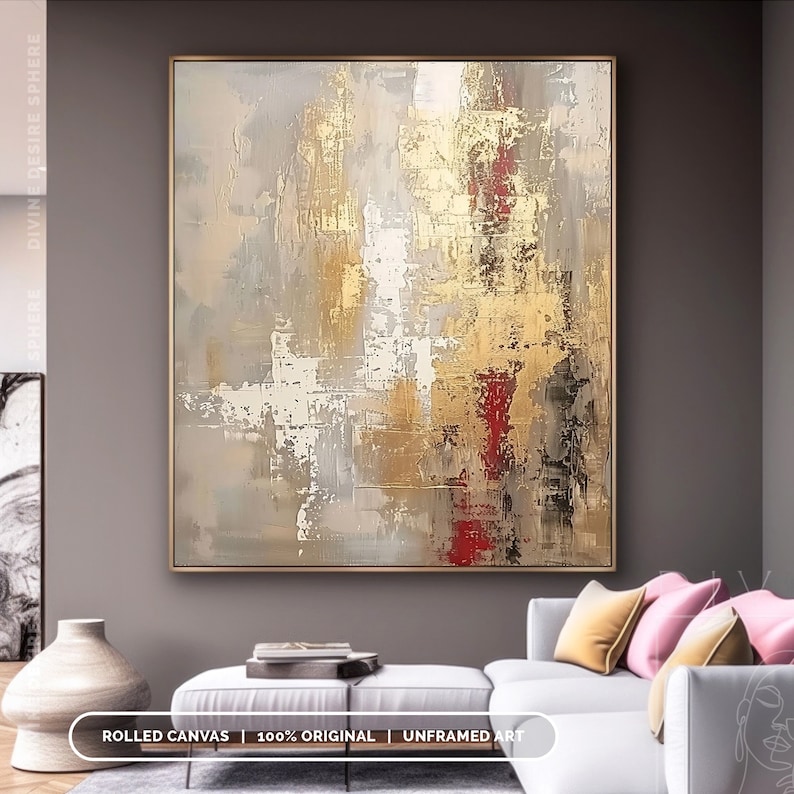 a living room with a large painting on the wall