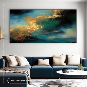 Extra Large Gold & Blue Abstract Canvas Art, Gold Leaf Wall Art With Touch Of Blue, Blue Painting For Wall Hanging, Modern Living Room Art image 7