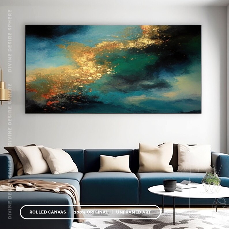 Extra Large Gold & Blue Abstract Canvas Art, Gold Leaf Wall Art With Touch Of Blue, Blue Painting For Wall Hanging, Modern Living Room Art image 7