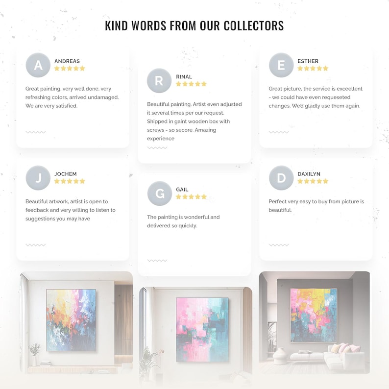 Puede incluir: Imagen que muestra testimonios de clientes sobre obras de arte. El texto dice "Kind Words From Our Collectors". Los testimonios incluyen valoraciones por estrellas y comentarios sobre la calidad y el servicio. La imagen tambi&eacute;n presenta ejemplos de las obras de arte.