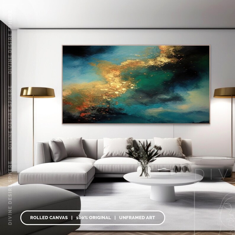 Extra Large Gold & Blue Abstract Canvas Art, Gold Leaf Wall Art With Touch Of Blue, Blue Painting For Wall Hanging, Modern Living Room Art image 5