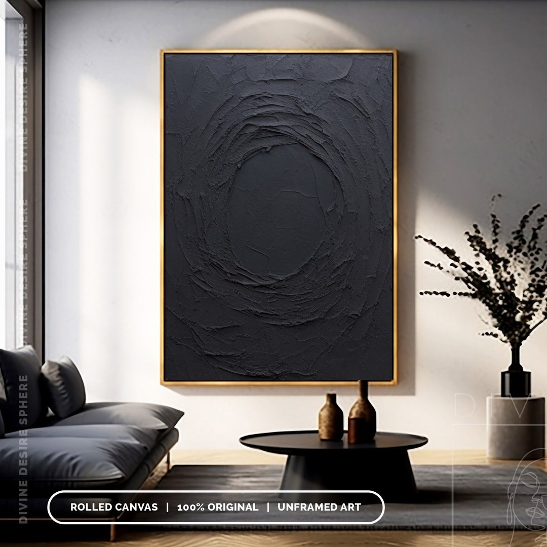 3D Black Textured Canvas Wall Art, Black Abstract Canvas Painting