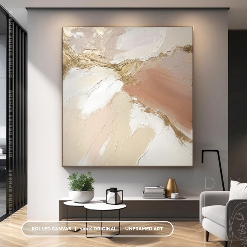 Extra Large Beige Abstract Canvas Art, Original 3D Texture Earth Tone Painting, Neutral Beige And Gold Leaf Wall Art For Living Room image 6