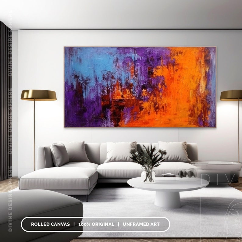 Hand-Painted Orange & Purple Wall Art, Modern Art With Blue Pink, Modern Bold Palette Knife Texture On Canvas, Large Wall Art Decor For Room imagen 5