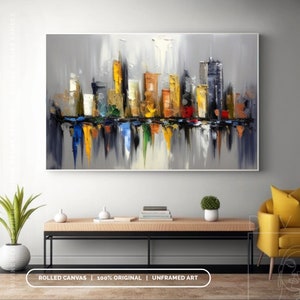 Decoración de pared original de paisaje urbano de Nueva York, paisaje urbano gris con textura 3D, arte urbano moderno hecho a mano para dormitorio y sala de estar, arte del horizonte de la ciudad imagen 3