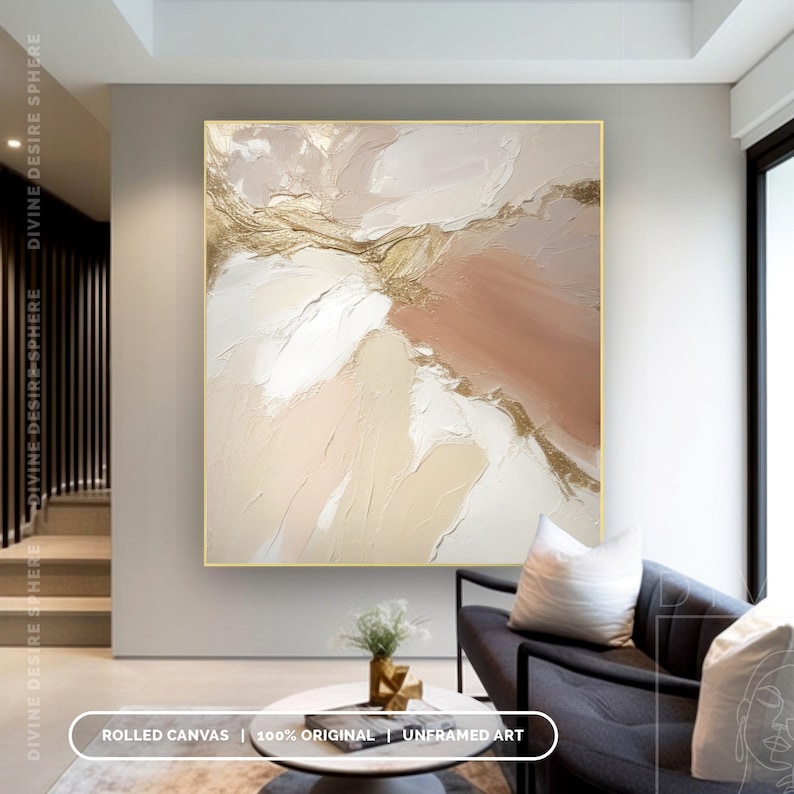 Extra Large Beige Abstract Canvas Art, Original 3D Texture Earth Tone Painting, Neutral Beige And Gold Leaf Wall Art For Living Room image 4