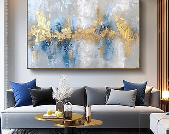 Modern Luxury Bohemian Room Wall Art Blue Gold Silver, Extra Large Golden Foil Art For Fancy Hotels, Minimalist Wall Art Blue Wall Decor