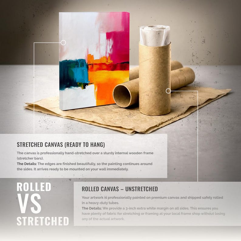 May include: An abstract painting on a stretched canvas with vibrant colors of white, pink, orange, blue, and green. Rolled canvas in cardboard tubes is also shown, illustrating the difference between stretched and unstretched artwork.