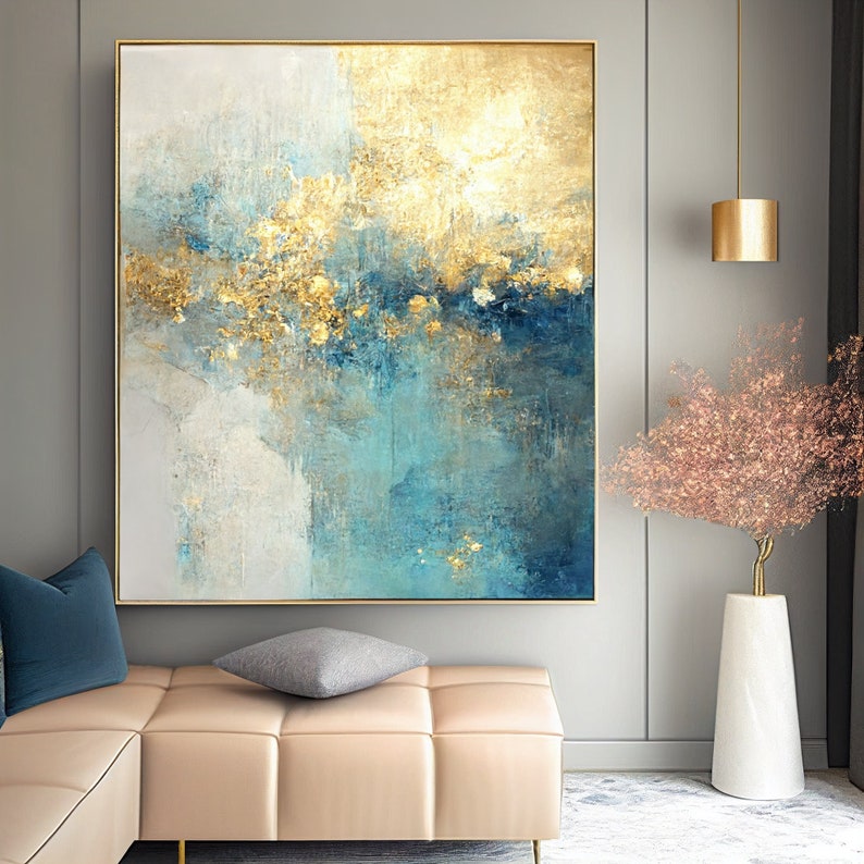 Large Modern Blue and Gold Abstract Wall Art Gold and Blue Etsy