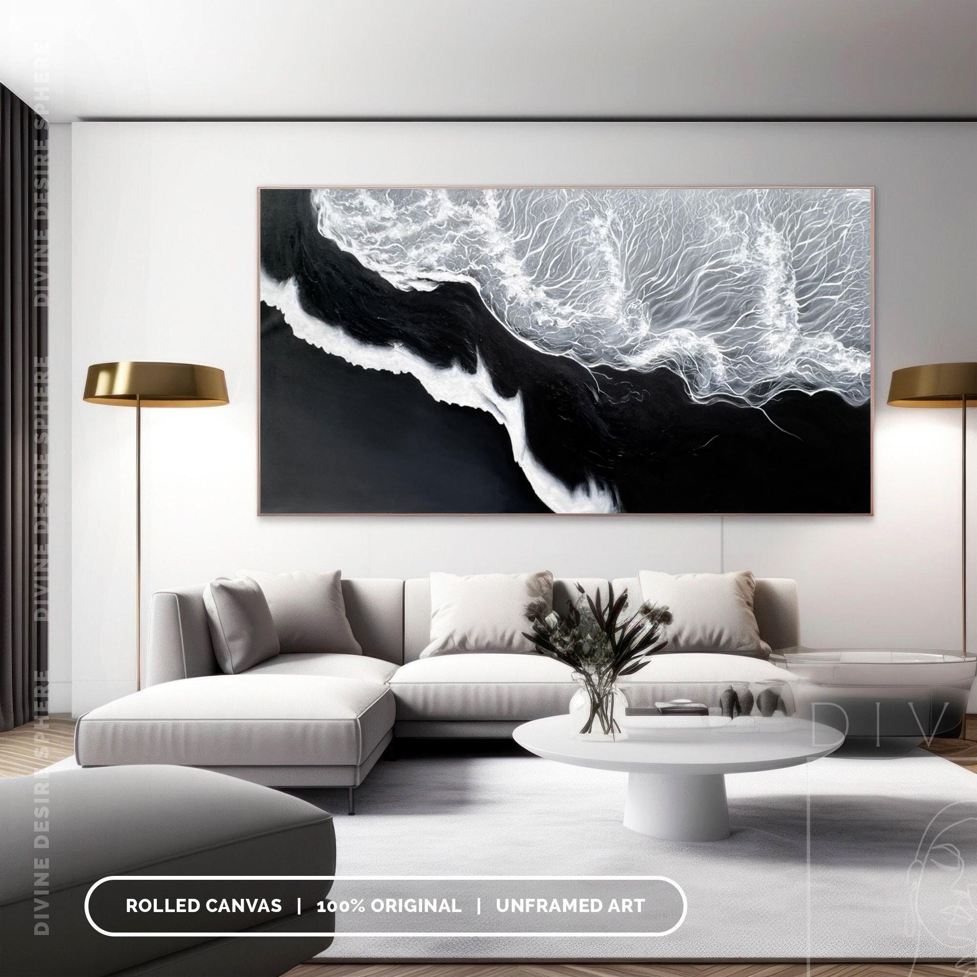 3D Black & White Waves Painting for Living Room, Black Ocean