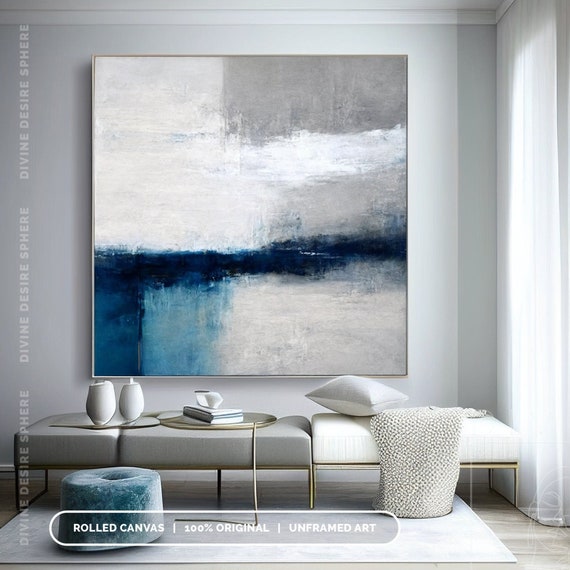 Original Blue Grey Abstract Painting, Extra Large Grey Canvas Art,  Textured Contemporary Canvas Art, Minimalist Wall Art, Living Room Deco