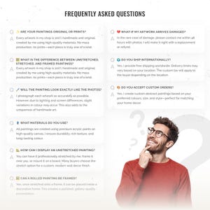 Puede incluir: Un gr&aacute;fico con el t&iacute;tulo "PREGUNTAS FRECUENTES" y un hombre con gafas mirando signos de interrogaci&oacute;n. Las preguntas y respuestas tratan sobre pinturas originales, da&ntilde;os, env&iacute;o y pedidos personalizados.
