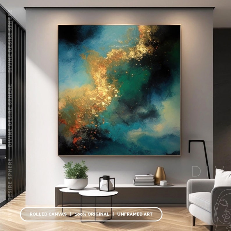 Textured abstract artwork with deep teal, black, and gold accents forming a fluid, organic composition.