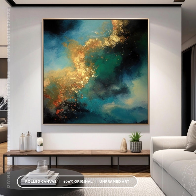 Extra Large Gold & Blue Abstract Canvas Art, Gold Leaf Wall Art With Touch Of Blue, Blue Painting For Wall Hanging, Modern Living Room Art image 8