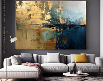 Extra Large Blue & Gold Abstract Wall Artwork For Luxury Room, Oversized Horizontal Blue Canvas Wall Art, Large Dining Room Decor Gifts