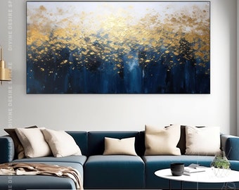 Hand-Painted Horizontal Gold Leaf Wall Art, Oversized Blue & Gold Textured Painting On Canvas, Luxury Entryway Decor Gift, Fancy Leaf Art