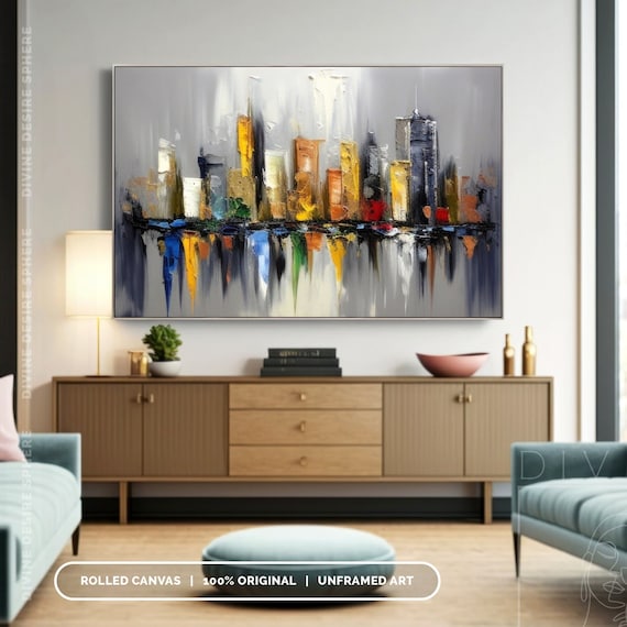 Original New York Citscape Wall Decor, Grey Cityscape With 3D Texture, Handmade Modern Urban Art For Bedroom & Living Room, City Skyline Art