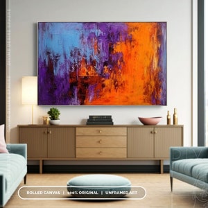 Hand-Painted Orange & Purple Wall Art, Modern Art With Blue Pink, Modern Bold Palette Knife Texture On Canvas, Large Wall Art Decor For Room imagen 4