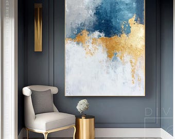 Decoración de pared única y hermosa en azul y dorado, pintura azul marino con pan de oro sobre lienzo, obra de arte de pared dorada de lujo moderna, hogar elegante